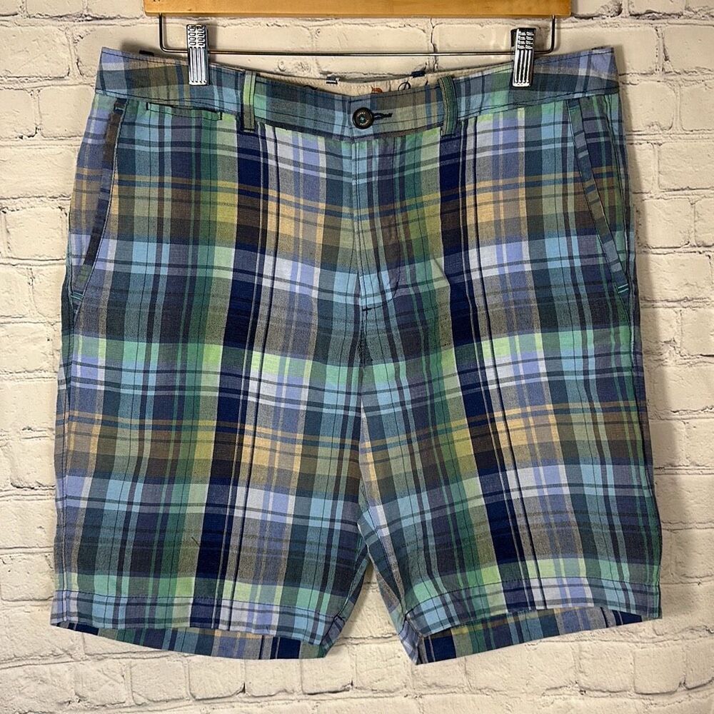 Tommy Bahama blue green linen blend mens Plaid shorts Size 34